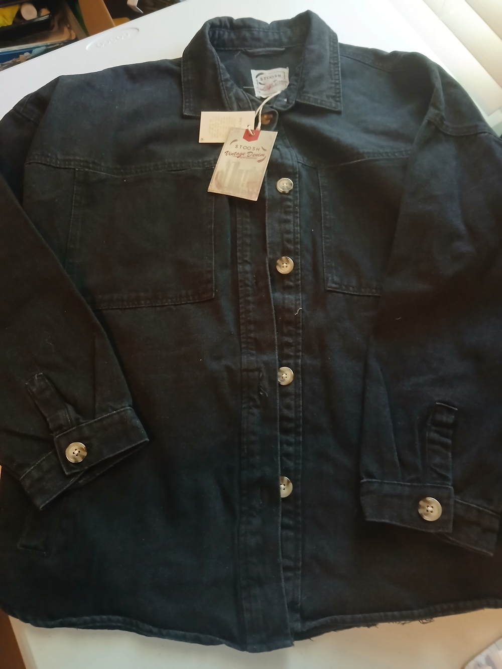 Men's Stoosh Vintage-Styled Black Denim Jacket with Buttons Size L New With Tags